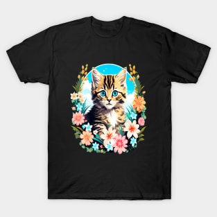 Tiger Striped Kitten Surrounded by Spring Flowers T-Shirt